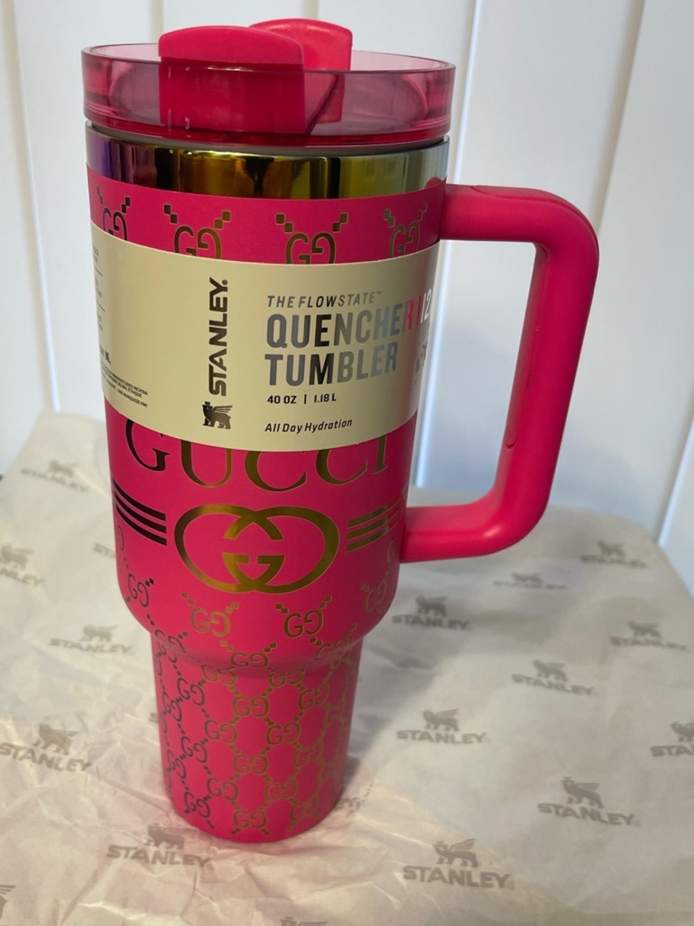 Custom Stanley 40oz Hot Pink Tumbler with Gold Accents - Picture 2 of 5